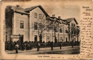 1904 Léva, Levice; vasútállomás. Schulcz Ignác kiadása / railway station + "G. BERZENCE - P. NÁNA 87. SZ. B" vasúti mozgóposta bélyegző (r)