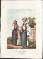 1855 Románia lányok, az idősebb házas testvér Nagyszebenből (Erdély), színezett litográfia hagyatéki pecséttel, kis javítással, 37×26 cm