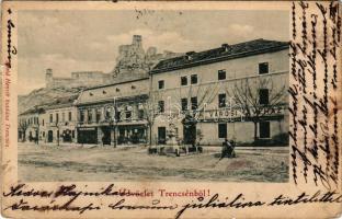 1901 Trencsén, Trencín; Városi kávéház, vár, üzletek. Szold Henrik kiadása / café, castle, shops (szakadások / tears)