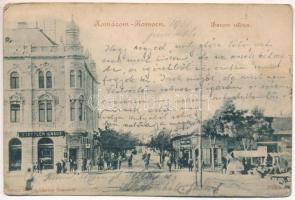 1901 Komárom, Komárno; Baross utca, Stettler Ignác üzlete, piac. Spitzer Sándor kiadása / street view, shops, market (r)