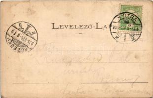 1905 Nyitra, Nitra; Telegdy utca, Spitzer József üzlete, masírozó katonák / street view, shops, marc...