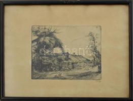 Varga Nándor Lajos (1895-1978): Udvar kecskével. Rézkarc, papír, jelzett. Üvegezett fakeretben. 14×17,5 cm