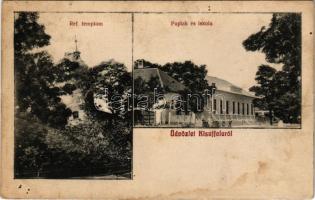 Kisújfalu, Nová Vieska; Református templom, Paplak és iskola / Calvinist church, parish and school (r)