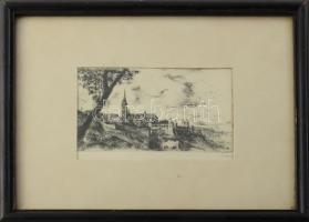 Varga Nándor Lajos (1895-1978): Budapesti látkép a Halászbástyával és a Mátyás-templommal. Rézkarc, papír, jelzett. Üvegezett fakeretben. 8,5×13 cm