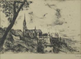 Varga Nándor Lajos (1895-1978): Budapesti látkép a Halászbástyával és a Mátyás-templommal. Rézkarc, ...