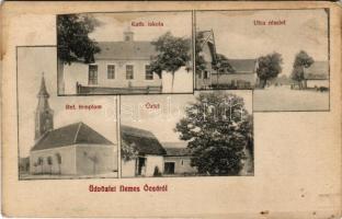 Nemesócsa, Nemes-Ócsa, Zemianska Olca; Római katolikus iskola, utca részlet, Református templom, üzlet / Catholic school, street, Calvinist church, shop (r)