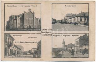 Storozhynets, Storojinet, Storoschynez, Storozyniec, Storozynetz (Bukovina, Bucovina, Bukowina); Tempel-Gasse, Storozynetzer Isr. Tempel, Gerichts-Gasse, Mercurverein, Creditverein, Czernowitzerstrasse, K.K. Bezirkshauptmannschaft, Ringplatz, Magistrat &amp; Sparkassa. Verlag B. Zimmet / zsinagóga, utcák, hitelintézet, piactér, városháza és takarékpénztár / synagogue, streets, K.u.K. district administration, market square, town hall, savings bank (r)