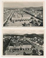 Beszterce, Bistritz, Bistrita; 2 db RÉGI képeslap: Horthy Miklós tér fentről, légi fotó, üzletek / 2 pre-1945 town postcards: square from the air, shops
