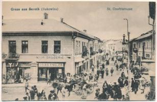 Siret, Sereth, Szeretvásár (Bukovina, Bucovina, Bukowina); St. Onofristrasse. Verlag Maxt Last / street view, market, drugstore, shop of Osias Engler (r)