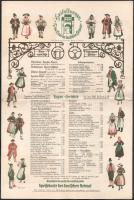 1934 Heidelberger, Das Haus der Deutschen Heimat, az itteni étterem ét- és itallapja, két nagyméretű kinyitható lap, középen a német haza képes étlapja, képekkel gazdagon illusztrált térképpel, jó állapotban, 42×56 cm