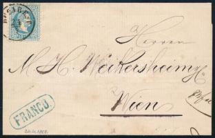 Magyar Posta Romániában 1868 10sld bélyeg levélen "BUCAREST" + kék "FRANCO" - "WIEN"