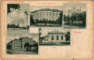 Szentes, Református templom, M. kir. állami főgimnázium, Izraelita templom, zsinagóga, Vármegyeháza, kaszinó. Untermüller Ernő kiadása (r)