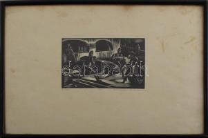 Gáborjáni Szabó Kálmán (1897-1955): Húsvéti locsolás, 1935. Fametszet, papír, jelzett. Lap szélén kissé foltos. Üvegezett fakeretben. 11x16 cm.