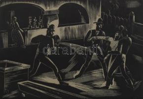 Gáborjáni Szabó Kálmán (1897-1955): Húsvéti locsolás, 1935. Fametszet, papír, jelzett. Lap szélén ki...