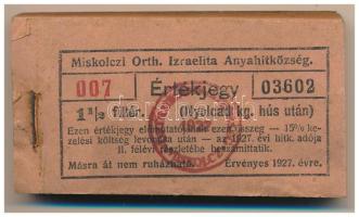 1927. Miskolc 1 1/2f "Miskolczi Orth. Izraelita Anyahitközség" vágatási jegy / értékjegy 1/8kg hús után (99x), közel teljes tömb "007 03602 - 007 03700" között T:AU, első darabon szennyeződés
