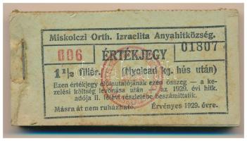 1929. Miskolc 1 1/2f "Miskolczi Orth. Izraelita Anyahitközség" vágatási jegy / értékjegy 1/8kg hús után (94x), közel teljes tömb "006 01807 - 006 01900" között T:AU, első darabon szennyeződés