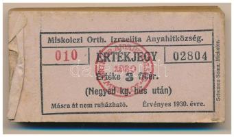1930. Miskolc 3f "Miskolczi Orth. Izraelita Anyahitközség" vágatási jegy / értékjegy 1/4kg hús után (97x), közel teljes tömb "010 02804 - 010 02900" között T:AU, sarokhajlás