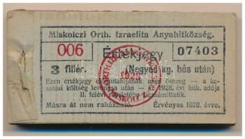 1928. Miskolc 3f "Miskolczi Orth. Izraelita Anyahitközség" vágatási jegy / értékjegy 1/4kg hús után (98x), közel teljes tömb "006 07403 - 006 07500" között T:AU, sarokhajlás, első darabon szennyeződés