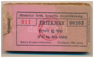 1931. Miskolc 6f "Miskolczi Orth. Izraelita Anyahitközség" vágatási jegy / értékjegy 1/2kg hús után (98x), közel teljes tömb "011 06203 - 011 06300" között T:AU, sarokhajlás, szennyeződés (ázás?)