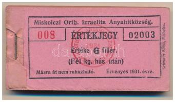 1931. Miskolc 6f "Miskolczi Orth. Izraelita Anyahitközség" vágatási jegy / értékjegy 1/2kg hús után (98x), közel teljes tömb "008 02003 - 008 02100" között T:AU, sarokhajlás