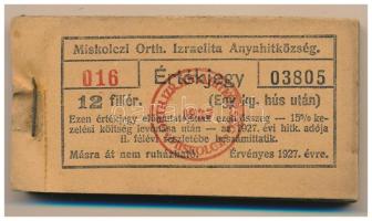 1927. Miskolc 12f "Miskolczi Orth. Izraelita Anyahitközség" vágatási jegy / értékjegy 1kg hús után (96x), közel teljes tömb "016 03805 - 016 03900" között T:AU, sarokhajlás