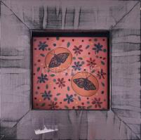 Bukrán Edit (1957-) Lepkemotívum. Kerámia kép, keretben, jelzett, 10x10 cm, 17x17 cm