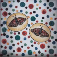 Bukrán Edit (1957-) Lepkemotívum. Kerámia kép, keretben, jelzés nélkül, 10x10 cm, 17x17 cm