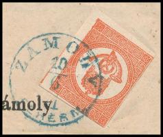 1871 Hírlapbélyeg sötétvörös színben teljes újságszalagon, nagyon korai kék "ZÁMOLY / FEHÉR M.&...