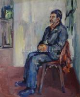 Jelzés nélkül: Színes enteriőr ülő alakkal. Olaj, farost. Sarkaiban apró sérülésekkel. 60x50 cm.