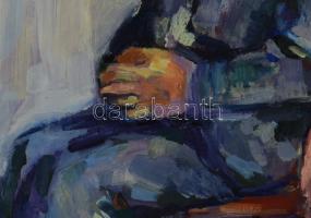 Jelzés nélkül: Színes enteriőr ülő alakkal. Olaj, farost. Sarkaiban apró sérülésekkel. 60x50 cm