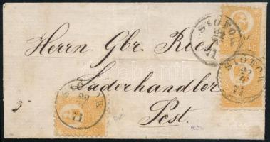 1871 Kőnyomat 3 x 2kr levélen. Valószínűleg túlbérmentesített távolsági levél. / 3 x Mi 1 on cover. Probably an overfranking domestic cover. "SIÓFOK" - Pest Előélet / History: 1994 Christie's: 600,- CHF (ex Ryan)