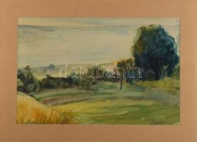 Lampert jelzéssel (Lampért András?): Zöldellő táj. Akvarell, papír, paszpartuban. 27,5×42 cm
