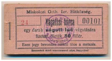 1908. Miskolc 50f "Miskolczi Orth. Izraelita Anyahitközség" vágatási jegy / értékjegy 1db vágott lúd vágatására (100x), teljes tömb "24 00101 - 02 00200" között T:AU, sarokhajlás