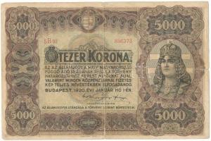 1920. 5000K "Orell Füssli Zürich" nyomdahely jelöléssel, piros "5 B03 886373" sorszámmal T:F,VG kis beszakadások, középen kis lyuk Hungary 1920. 5000 Korona with "Orell Füssli Zürich" printer's mark, with red "5 B03 886373" serial number C:F,VG small tears, small hole in the middle Adamo K38
