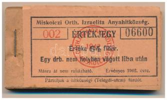 1942. Miskolc 64f "Miskolczi Orth. Izraelita Anyahitközség" vágatási jegy / értékjegy 1db nem helyben vágott liba után (99x), közel teljes tömb "002 06502 - 002 6600" között T:AU, hiányzik a karton hátlap, az utolsó darab leszakadva