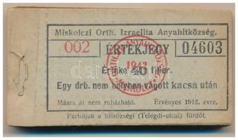 1942. Miskolc 40f "Miskolczi Orth. Izraelita Anyahitközség" vágatási jegy / értékjegy 1db nem helyben vágott kacsa után (98x), közel teljes tömb "002 04603 - 002 04700" között T:AU, sarokhajlás, folt