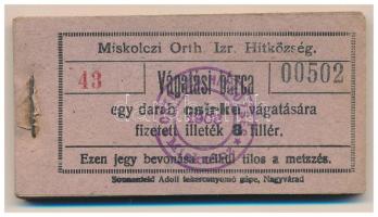 1908. Miskolc 8f "Miskolczi Orth. Izraelita Anyahitközség" vágatási jegy / értékjegy 1db csirke vágatására (99x), közel teljes tömb "43 00502 - 43 00600" között T:AU, sarokhajlás, az első pár darab AU,XF