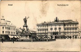 Arad, Szabadság tér és szobor, Brunner Béla úri divatkülönlegességek, Hoffmann Sándor divat áruháza a fecskéhez, Vajda Benő fogorvosi műterme, Mihalik József, Moskovitz Zs. és Limbeck János üzlete, Színházi verseny bazár / square and statue, shops (fl)