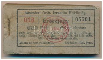 1926. Miskolc 600K "Miskolczi Orth. Izraelita Anyahitközség" vágatási jegy / értékjegy 1/2kg hús után (100x), teljes tömb "016 05501 - 016 05600" között T:AU, sarokhajlás, folt, az első darabon szennyeződés