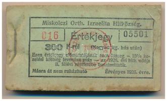 1926. Miskolc 300K "Miskolczi Orth. Izraelita Anyahitközség" vágatási jegy / értékjegy 1/4kg hús után (100x), teljes tömb "016 05501 - 016 05600" között T:AU, sarokhajlás, folt, az első darabon szennyeződés, az F