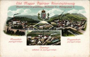 Nagyszabos, Nagyszlabos, Slavosovce; Első Magyar Papíripar Részvénytársaság budapesti központi iroda és igazgatóság, masznikói, özörényi és nagyszlabosi papírgyár telepek / First Hungarian Paper Industry's offices, paper mill and factory, advertisement card (non PC) (EK)