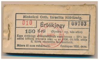 1926. Miskolc 150K "Miskolczi Orth. Izraelita Anyahitközség" vágatási jegy / értékjegy 1/4kg hús után (98x), közel teljes tömb "010 09703 - 010 09800" között T:XF, az első ~10db-on szakadás, azok F