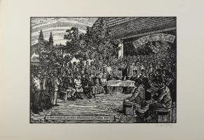 Palkó József (1919-2004): Az SZDP kiskunfélegyházi székházának felavatása, 1929. Linómetszet, papír, jelzett, 30×40 cm