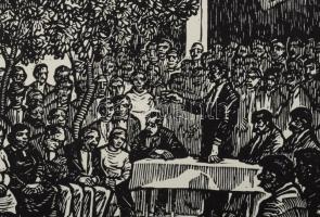 Palkó József (1919-2004): Az SZDP kiskunfélegyházi székházának felavatása, 1929. Linómetszet, papír,...