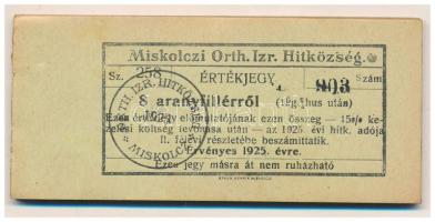 1925. Miskolc 8 aranyfillér "Miskolczi Orth. Izraelita Anyahitközség" vágatási jegy / értékjegy 1kg hús után (48x), "258 903 - 258 950" között T:AU, utolsó darabon szennyeződés