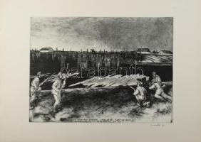 Novák Lajos (1927-1989): Az ellenforradalmi csapatok szétverése Kecskeméten, 1919 április 24-én. Rézkarc, papír, jelzett, lapszéli javított szakadással, 29x39 cm