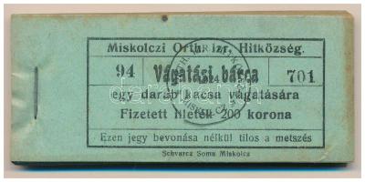 1924. Miskolc 200K "Miskolczi Orth. Izraelita Anyahitközség" vágatási jegy / értékjegy 1db kacsa vágatására (99x), közel teljes tömb "94 701 - 94 799" között T:XF, sarokhajlás, első 2db és utolsó 3db F