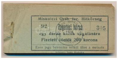1924. Miskolc 200K "Miskolczi Orth. Izraelita Anyahitközség" vágatási jegy / értékjegy 1db kacsa vágatására (91x), "92 305 - 92 395" között T:VF,F, pici szakadások pár darabon