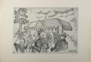 Csáky Lajos (1950-): Kiskunfélegyházi pusztakerülők tömeggyűlése, 1868. Rézkarc, papír, jelzett, 29x39,5 cm