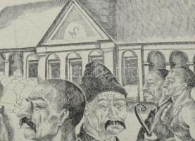 Csáky Lajos (1950-): Kiskunfélegyházi pusztakerülők tömeggyűlése, 1868. Rézkarc, papír, jelzett, 29x...